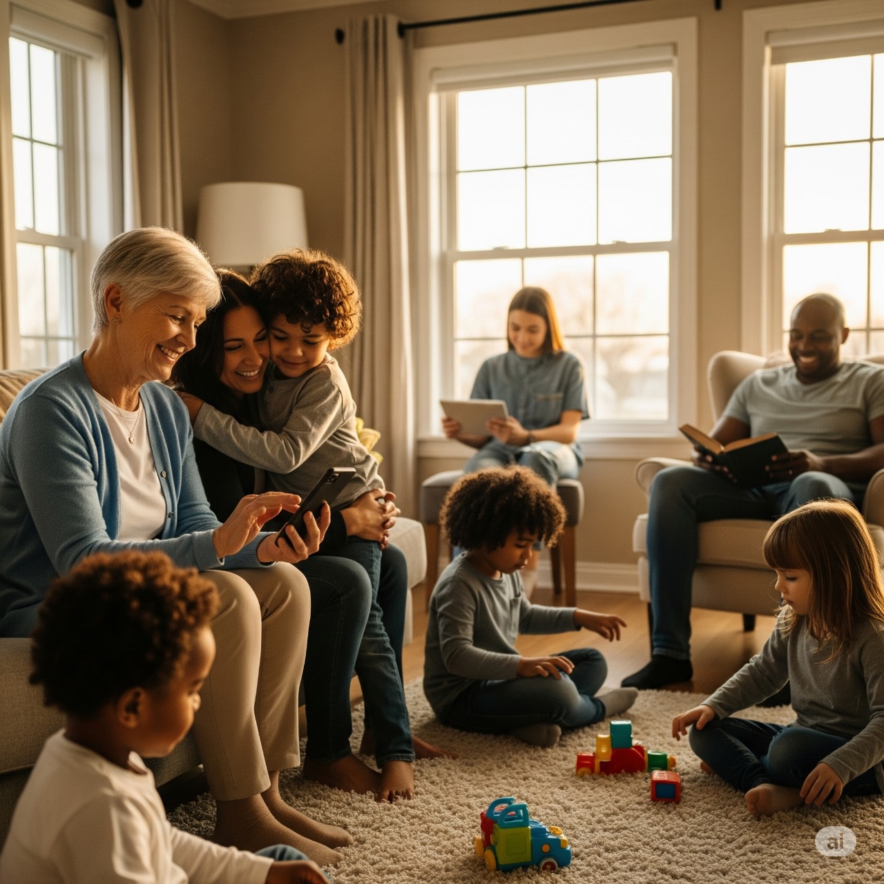 Happy family at home and senior citizens using phone